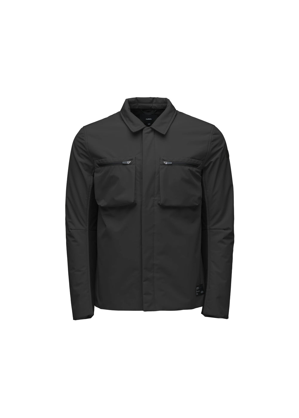 Introducing the Ander Men's Mid Layer Shirt by Nobis: a sleek black long-sleeve jacket designed with a collared style and two front chest pockets. Enhanced with PrimaLoft Gold Insulation for superior warmth, this water-resistant piece is artfully presented against a white background.