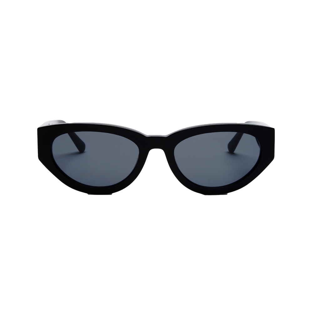 The Audrey sunglasses by Messyweekend feature a sleek cat-eye design in black/grey with UV400 protection and dark lenses, elegantly showcased on a white background.
