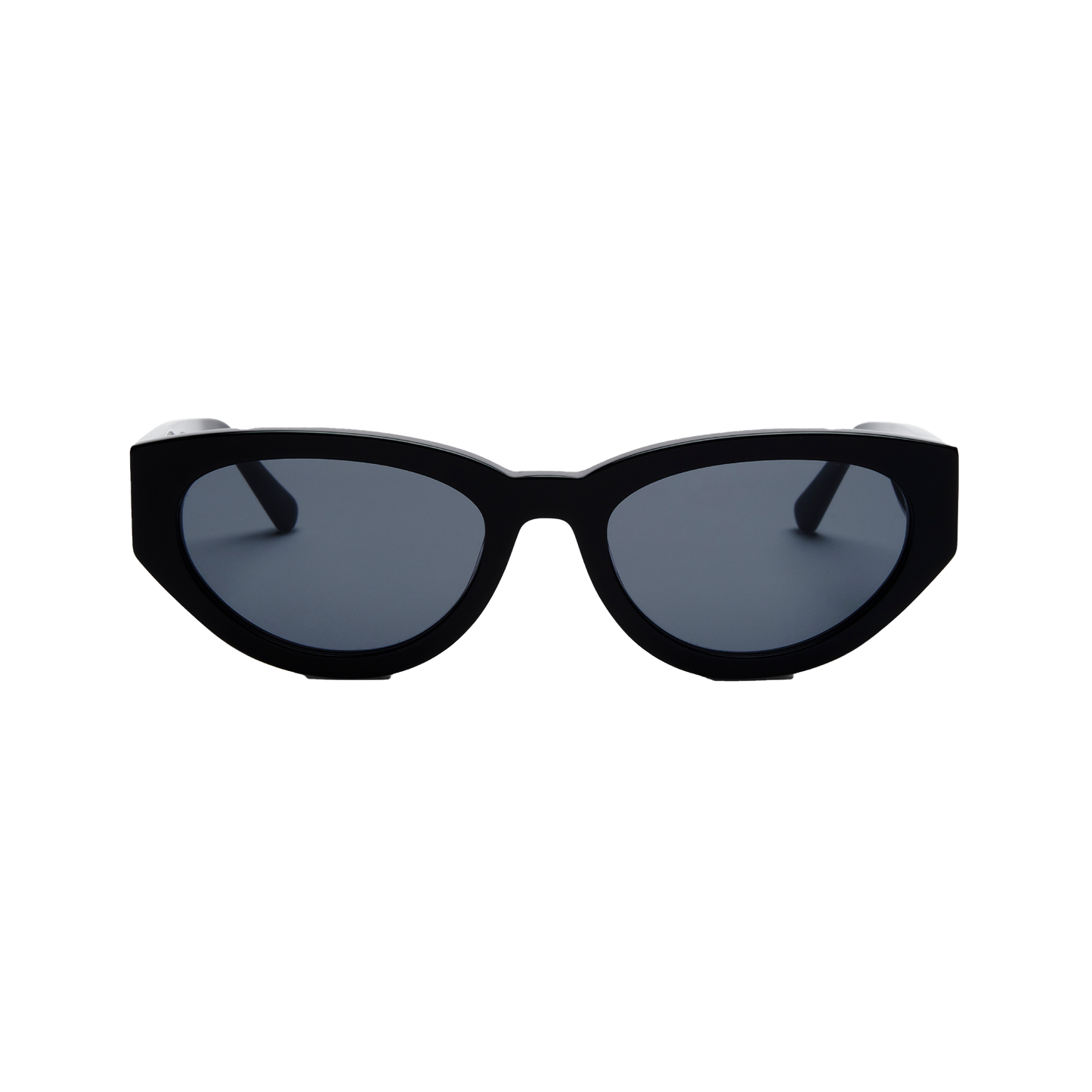 The Audrey sunglasses by Messyweekend feature a sleek cat-eye design in black/grey with UV400 protection and dark lenses, elegantly showcased on a white background.