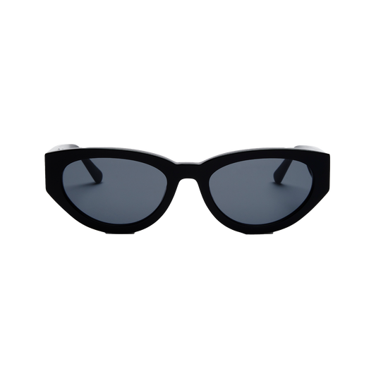 The Audrey sunglasses by Messyweekend feature a sleek cat-eye design in black/grey with UV400 protection and dark lenses, elegantly showcased on a white background.