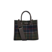 The Barrhill Tartan Tote Bag by Barbour is a plaid handbag with two handles and a detachable shoulder strap. Showcasing its tartan design, the bag features intersecting lines in various colors set against a dark background, echoing its Scottish roots.