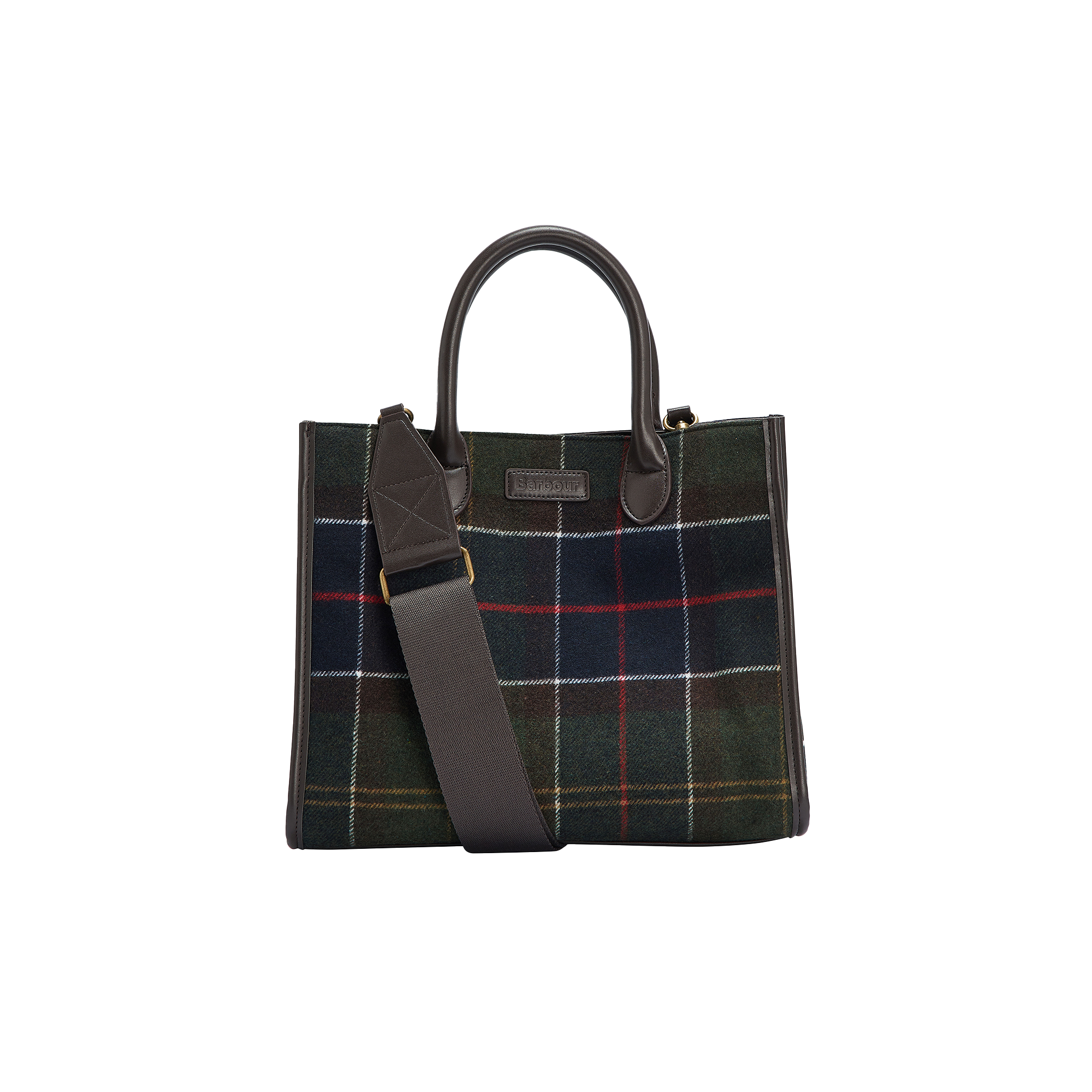 The Barrhill Tartan Tote Bag by Barbour is a plaid handbag with two handles and a detachable shoulder strap. Showcasing its tartan design, the bag features intersecting lines in various colors set against a dark background, echoing its Scottish roots.