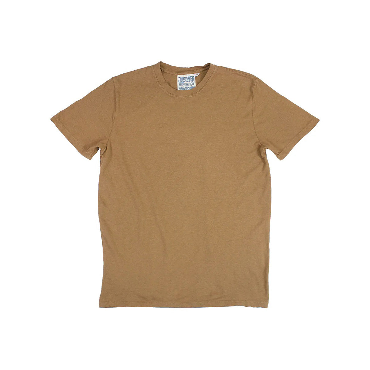 The Jungmaven Basic Tee 3.6oz in Coyote, a plain short-sleeved lightweight shirt, is laid flat on a white background.