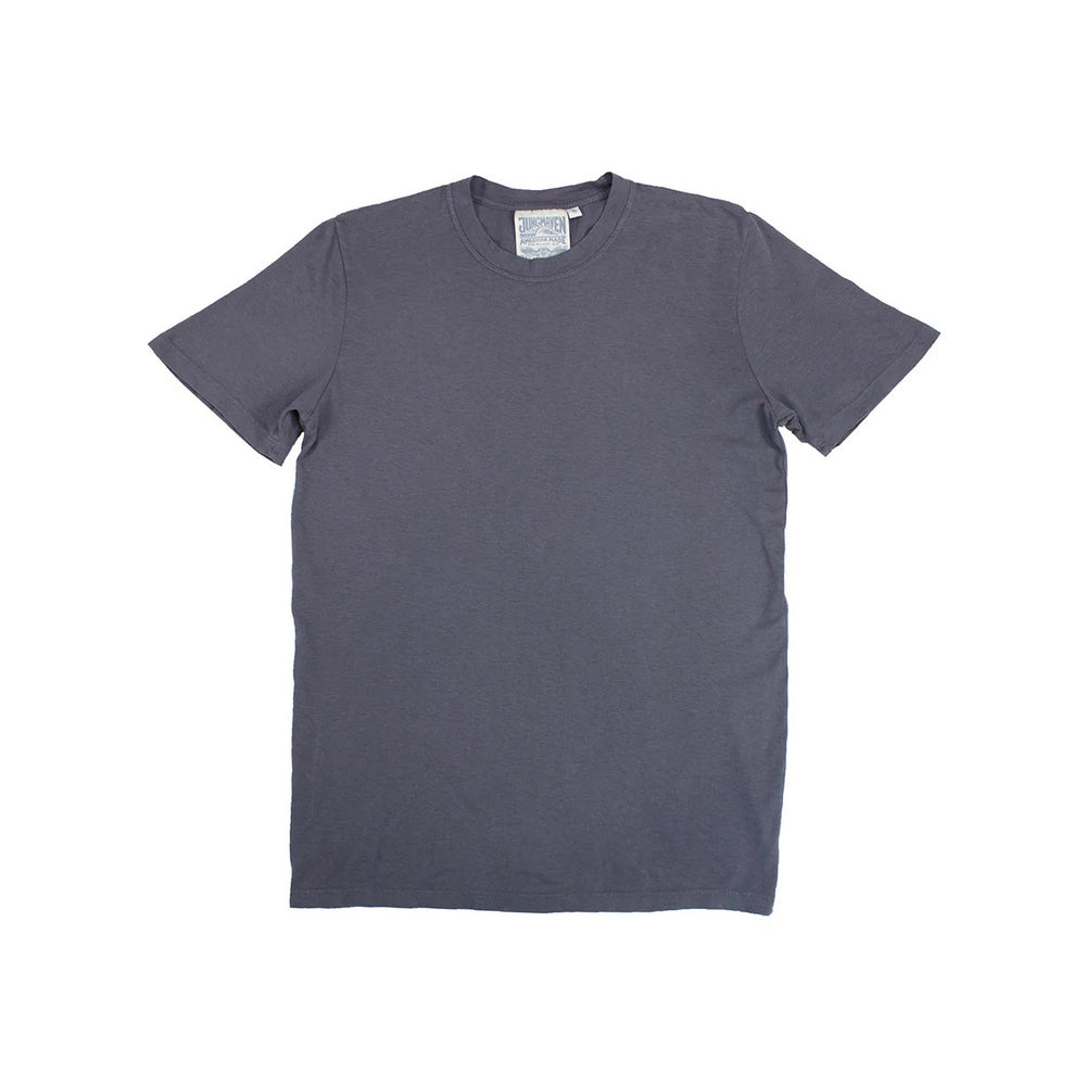 The Jungmaven Basic Tee 3.6oz in Diesel Grey, a short-sleeved t-shirt crafted from a breathable hemp-cotton blend, is laid flat on a white background.