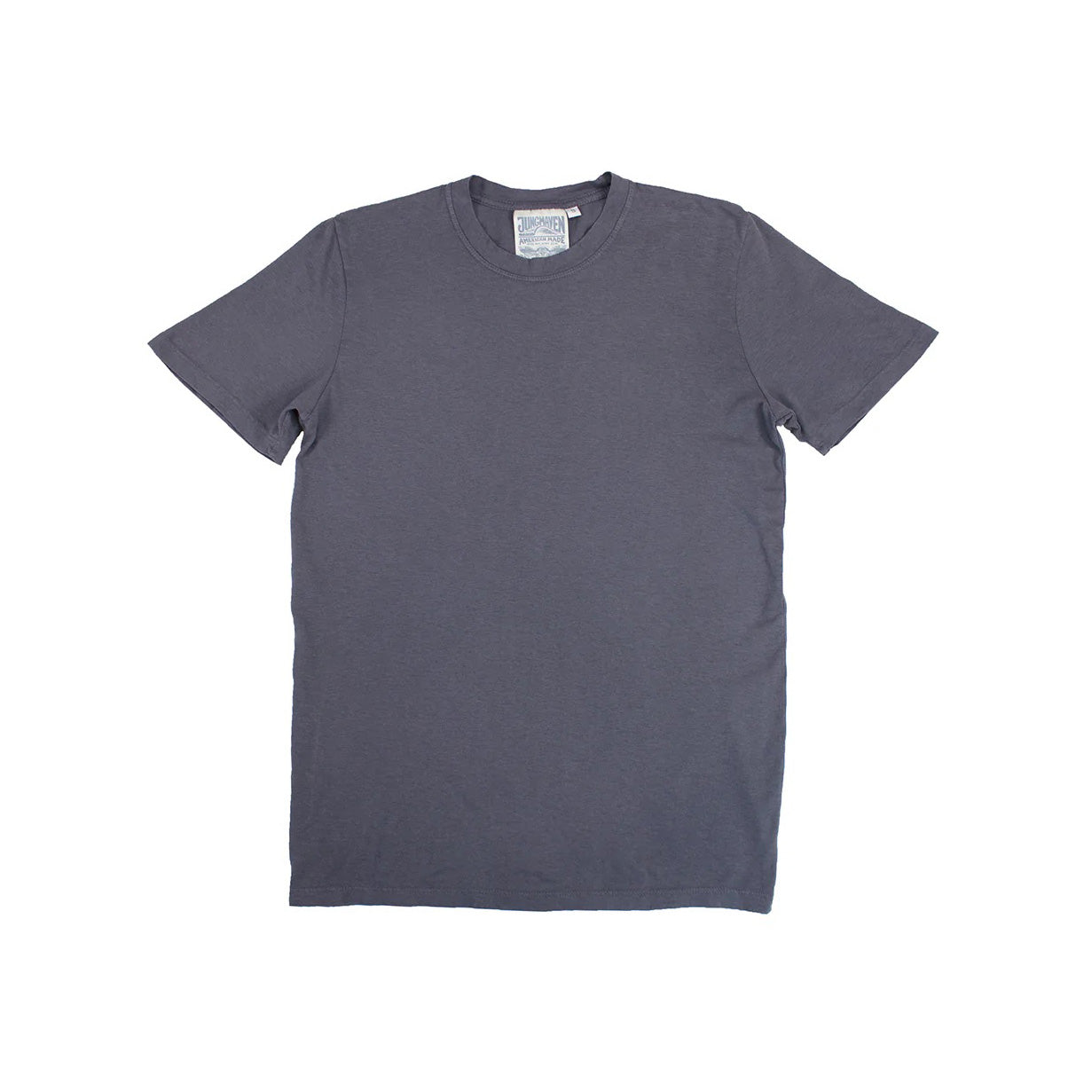 The Jungmaven Basic Tee 3.6oz in Diesel Grey, a short-sleeved t-shirt crafted from a breathable hemp-cotton blend, is laid flat on a white background.