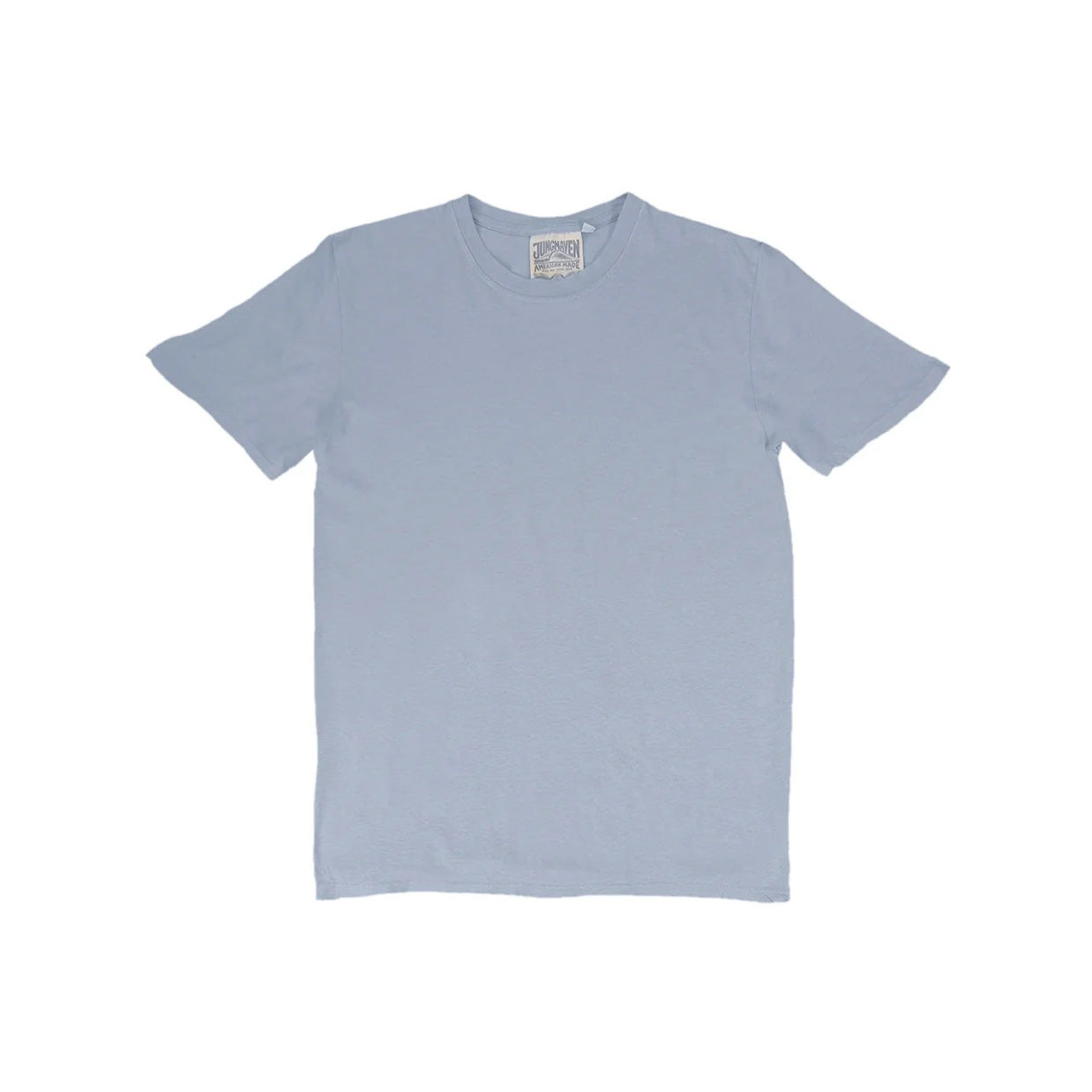 The Jungmaven Basic Tee 3.6oz in Coastal Blue, made from a lightweight hemp-cotton blend, is shown laid flat on a white background.