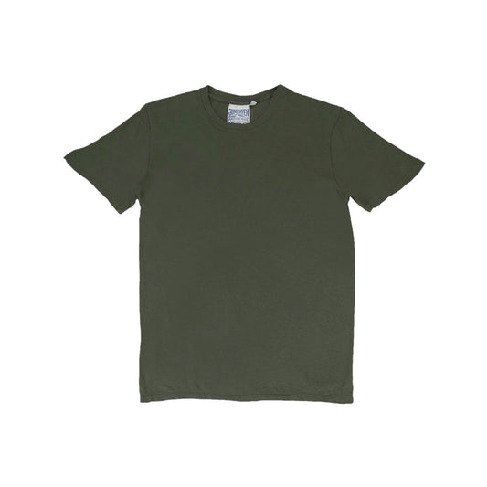 The Jungmaven Basic Tee 3.6oz in Olive Green, shown flat on a white background, features a breathable hemp-cotton blend for all-day comfort and a unisex fit.