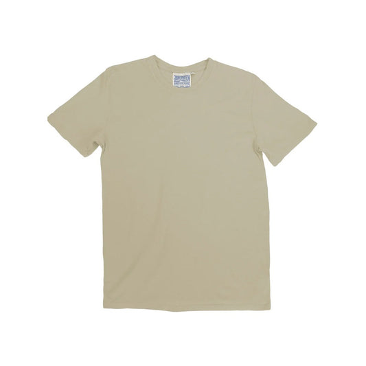 The Jungmaven Basic Tee 3.6oz in Desert Khaki, a short-sleeve t-shirt made from a breathable hemp-cotton blend, is laid flat on a white background.