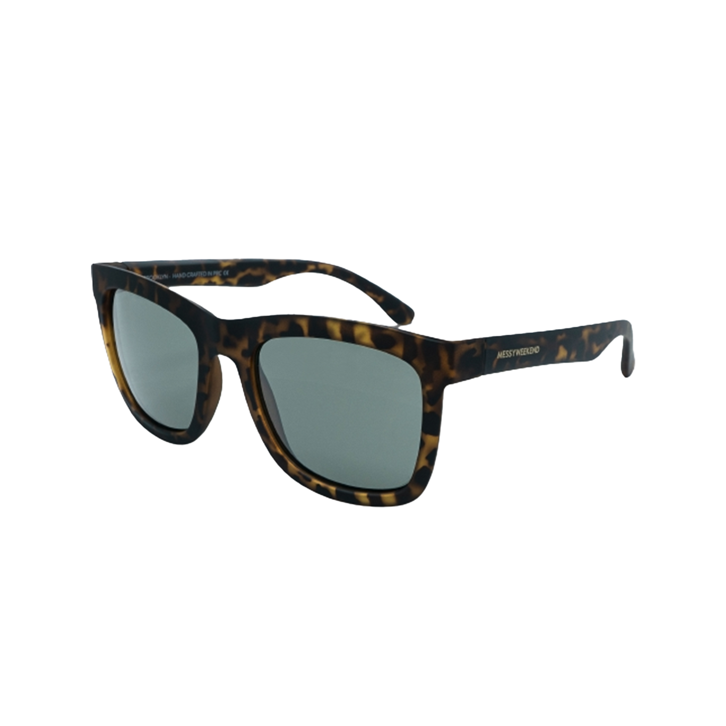 The Brooklyn sunglasses by Messyweekend feature an oversized square-shaped tortoise pattern with green lenses, unisex design, and UV400 protection. They are branded on the temple with "RETROSUPERFUTURE.
