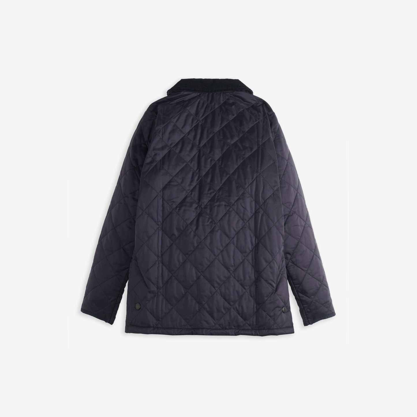 The Barbour Boys Liddesdale Quilted Jacket in black showcases a needlecord collar and side snap button details, displayed from the back against a plain white background.