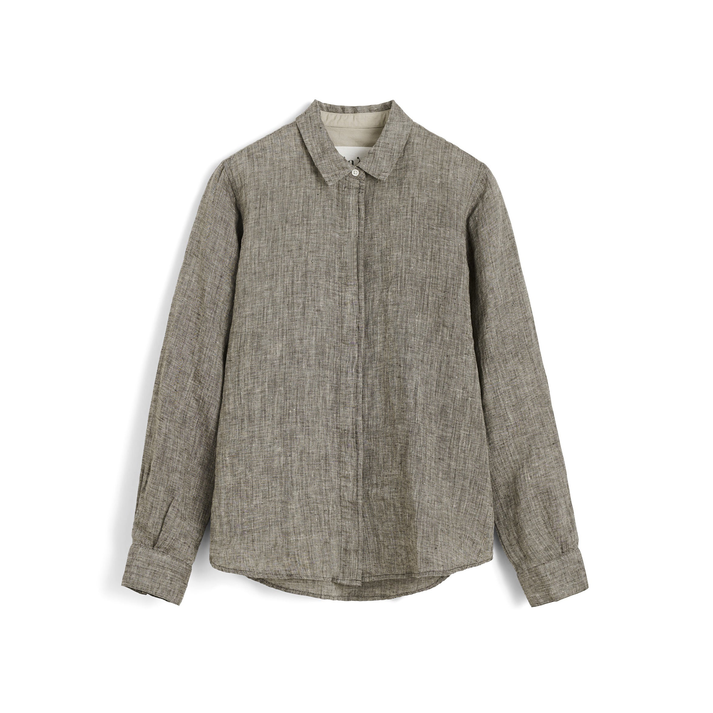 The Aiayu Carol Linen Shirt is a slim fit, long-sleeved button-up made from textured gray linen, shown flat on a white background for a minimalist look.