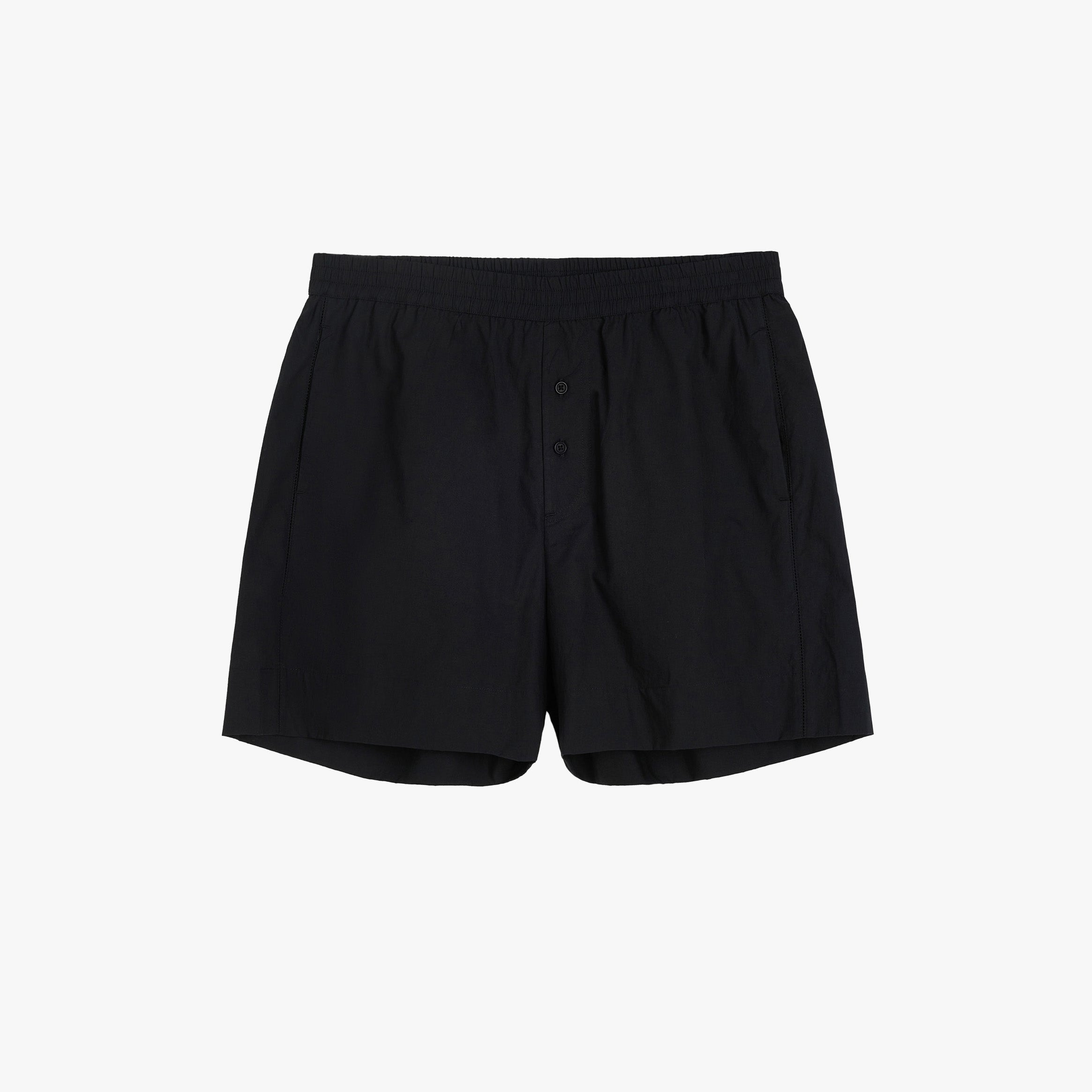 Aiayu's Casual Chetna Cotton Shorts for men are crafted from organic cotton poplin with an elastic waistband and button fly—ideal as comfy loungewear or classic pyjama shorts—shown here against a plain white background.