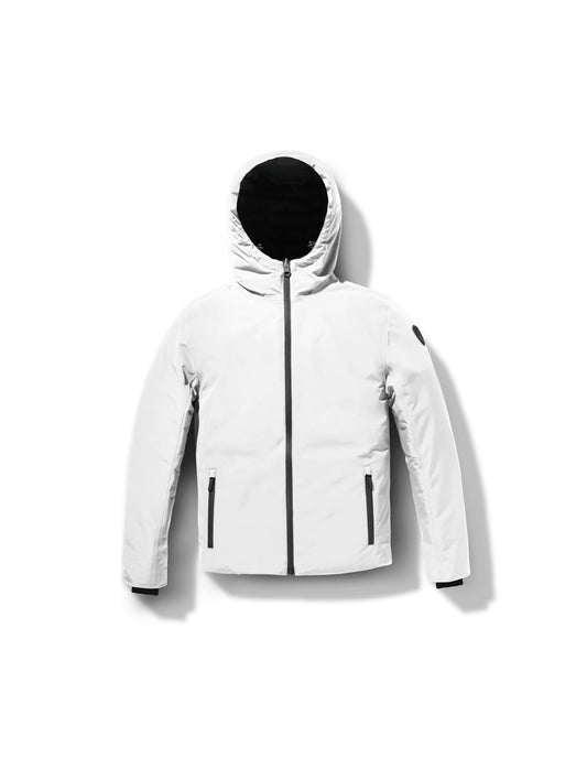 The Chris Men's Mid Weight Reversible Puffer Jacket by Nobis is a white hooded jacket with a front zipper, two zippered utility pockets, and a water-resistant shell, set against a plain white background.