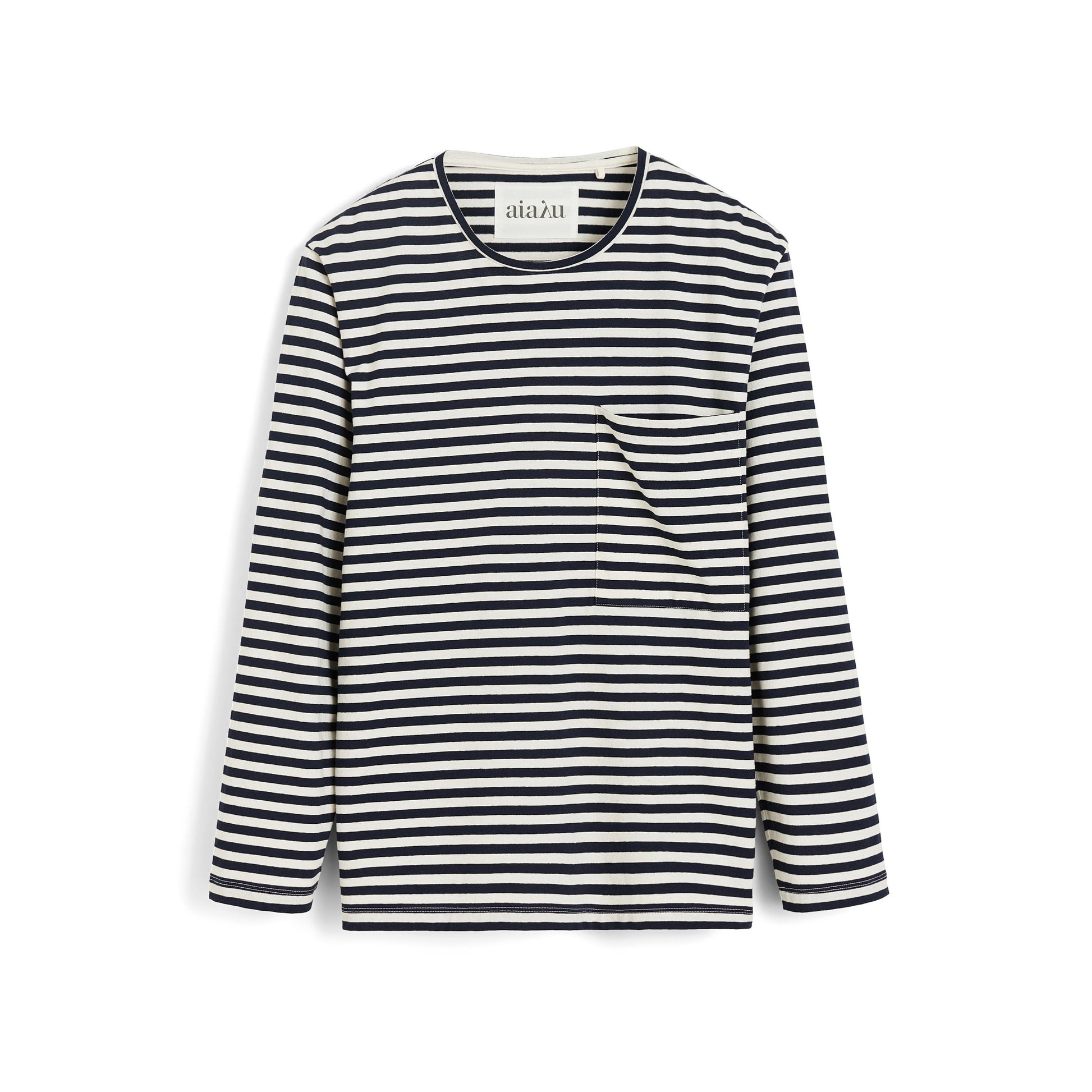 The Aiayu Circular Long Sleeve II is a long sleeve tee with black and white stripes, dropped shoulders, a round neckline, and a front chest pocket, shown laid flat on a white background.