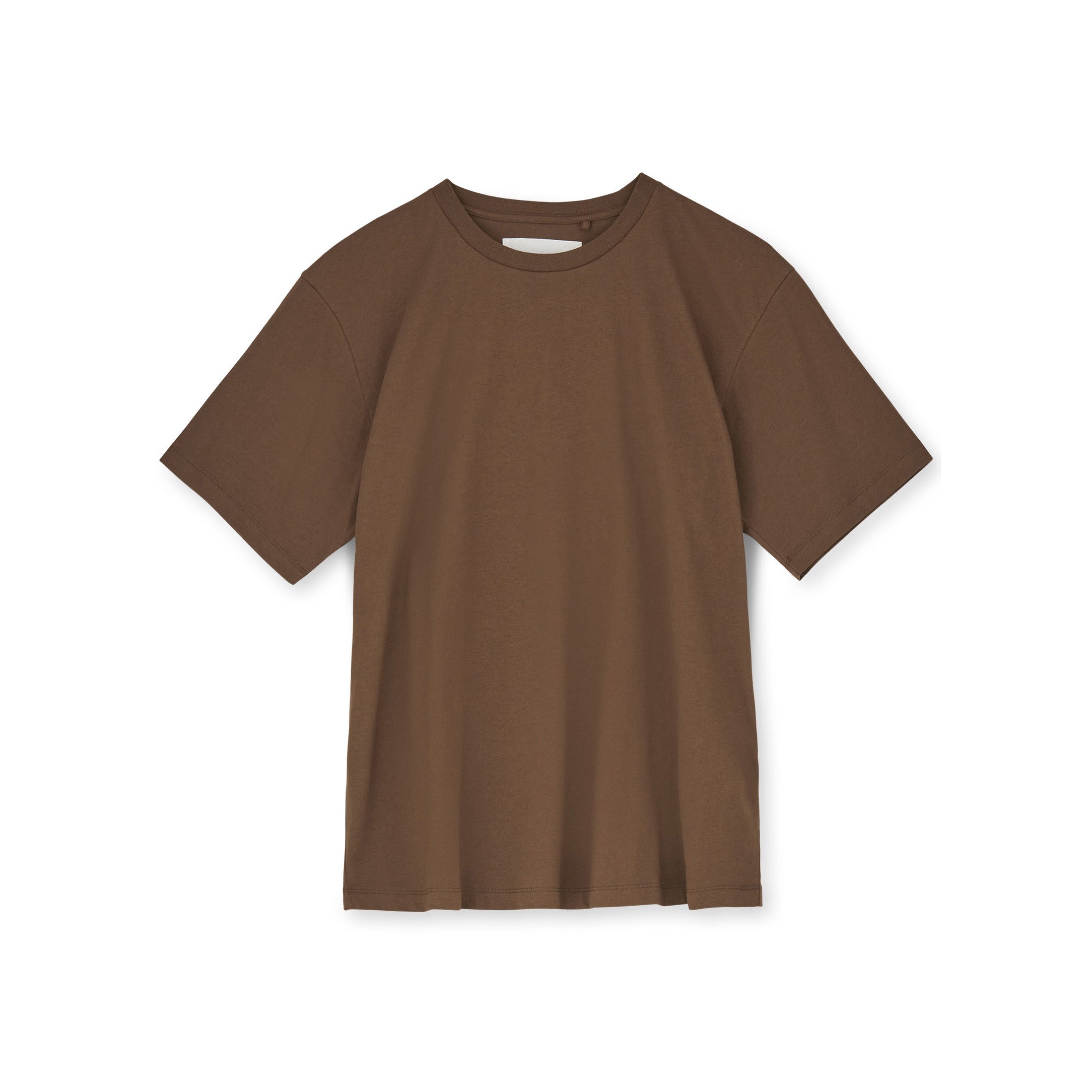 The Aiayu Classic Circular Tee II is a plain brown short-sleeve t-shirt made from recycled organic cotton, featuring subtle contrasting signature stitching and shown on a white background.