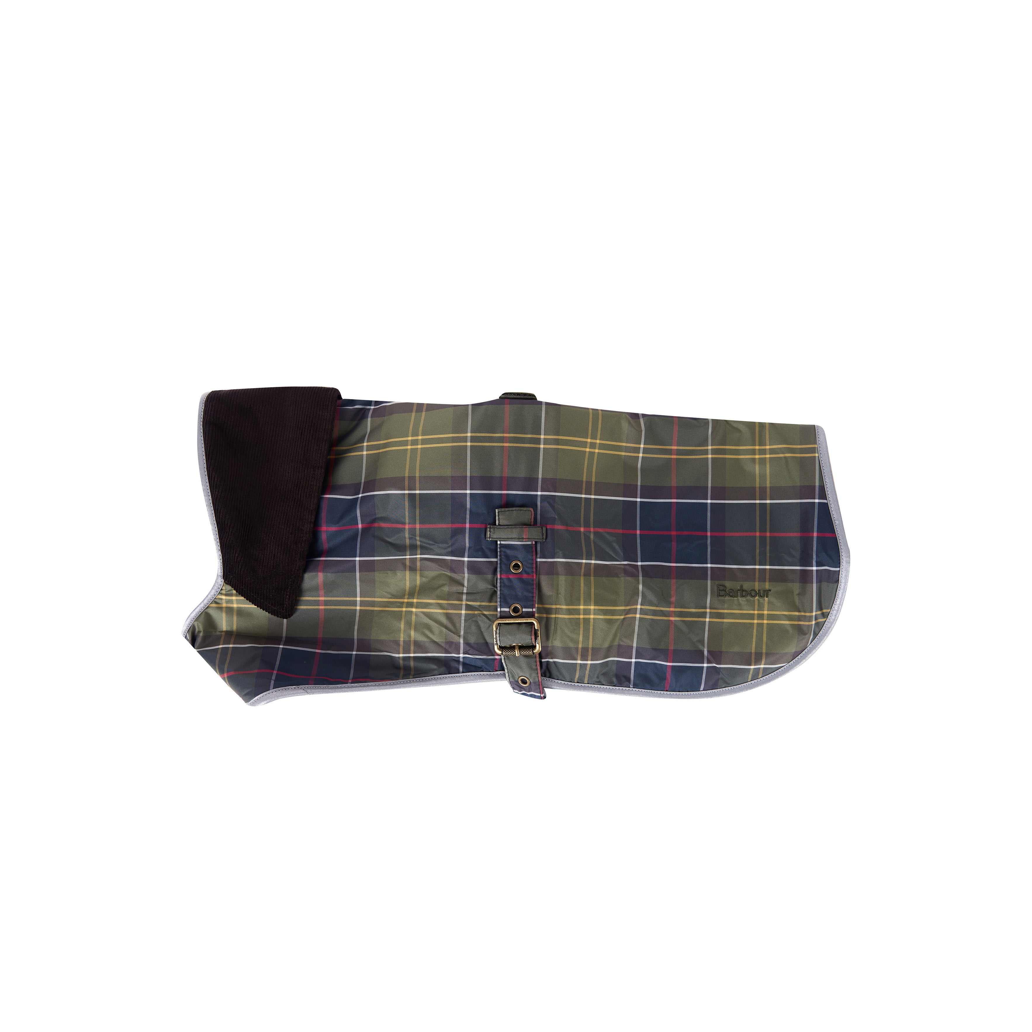 A Barbour Tartan Waterproof Dog Coat in green, yellow, and red plaid features a brown cord collar, adjustable strap, and buckle, shown lying flat on a white background.
