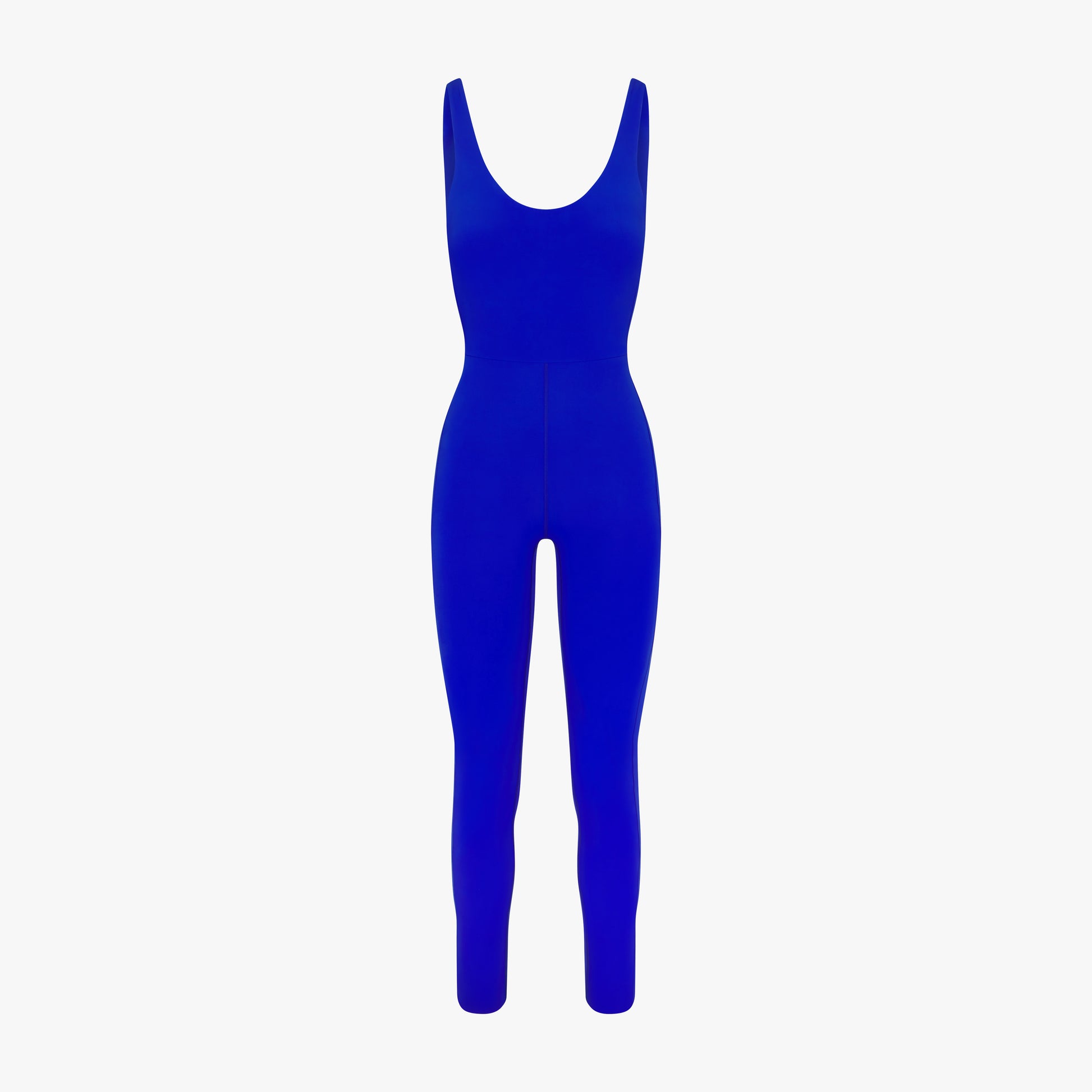 The Left On Friday Double Scoop Playsuit 27" is a sleeveless, form-fitting royal blue suit with a scoop neckline and ankle-length legs, designed for an insanely comfortable fit during low impact activities.