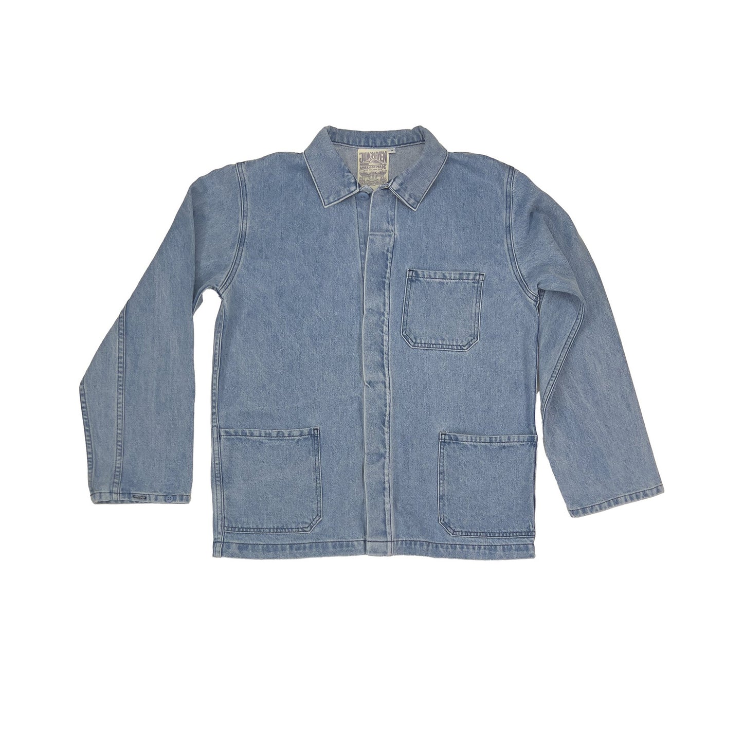 The Jungmaven Olympic Jacket in Light Denim is a unisex cotton/hemp twill chore jacket featuring three front patch pockets, long sleeves, and a collar. Inspired by the classic French Work Coat, shown laid flat on a white background.