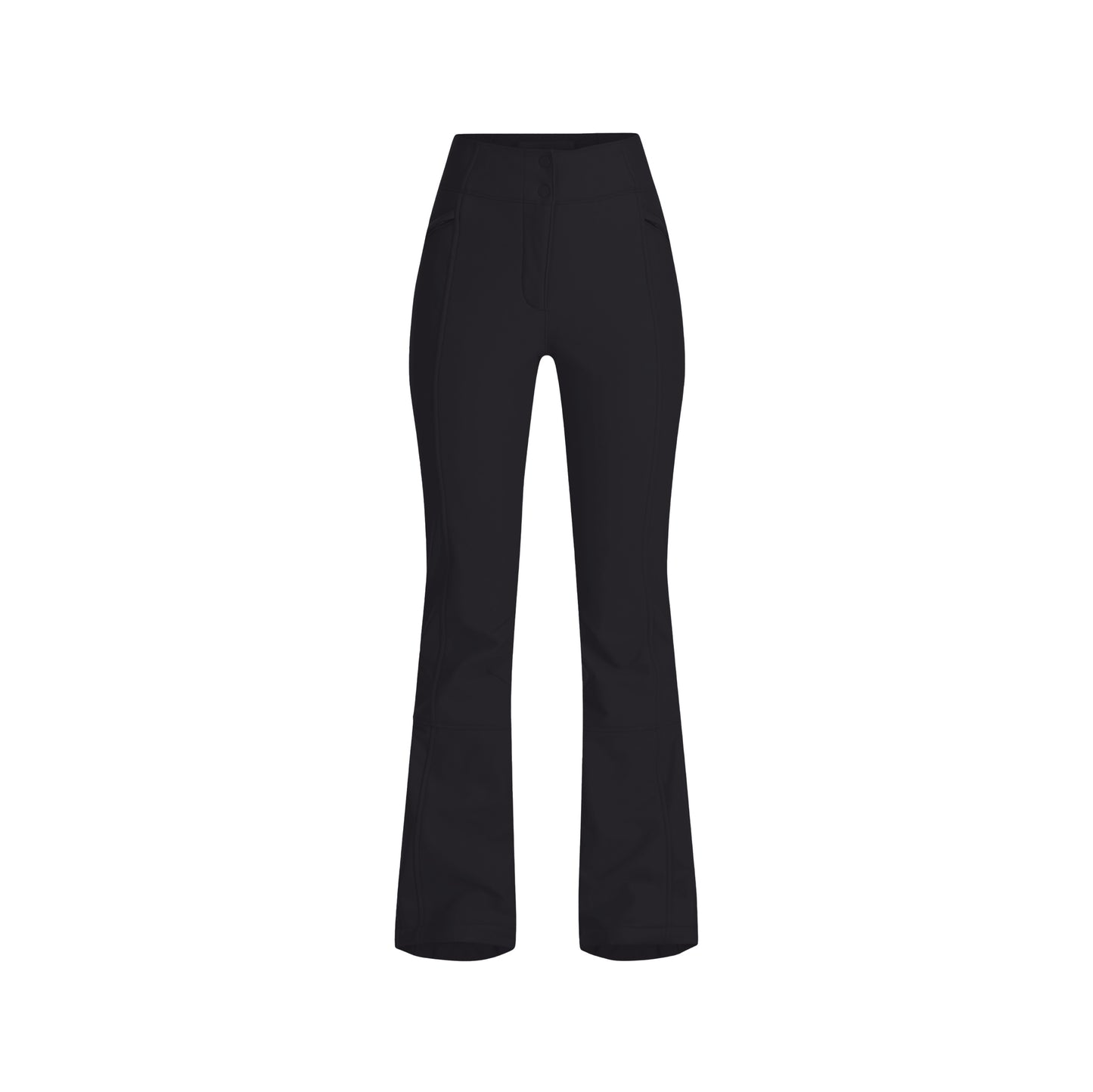 The Emma Pant by Halfdays is a black high-waisted flared pant with a sleek slim-fit design, perfect for any occasion, set against a white background.