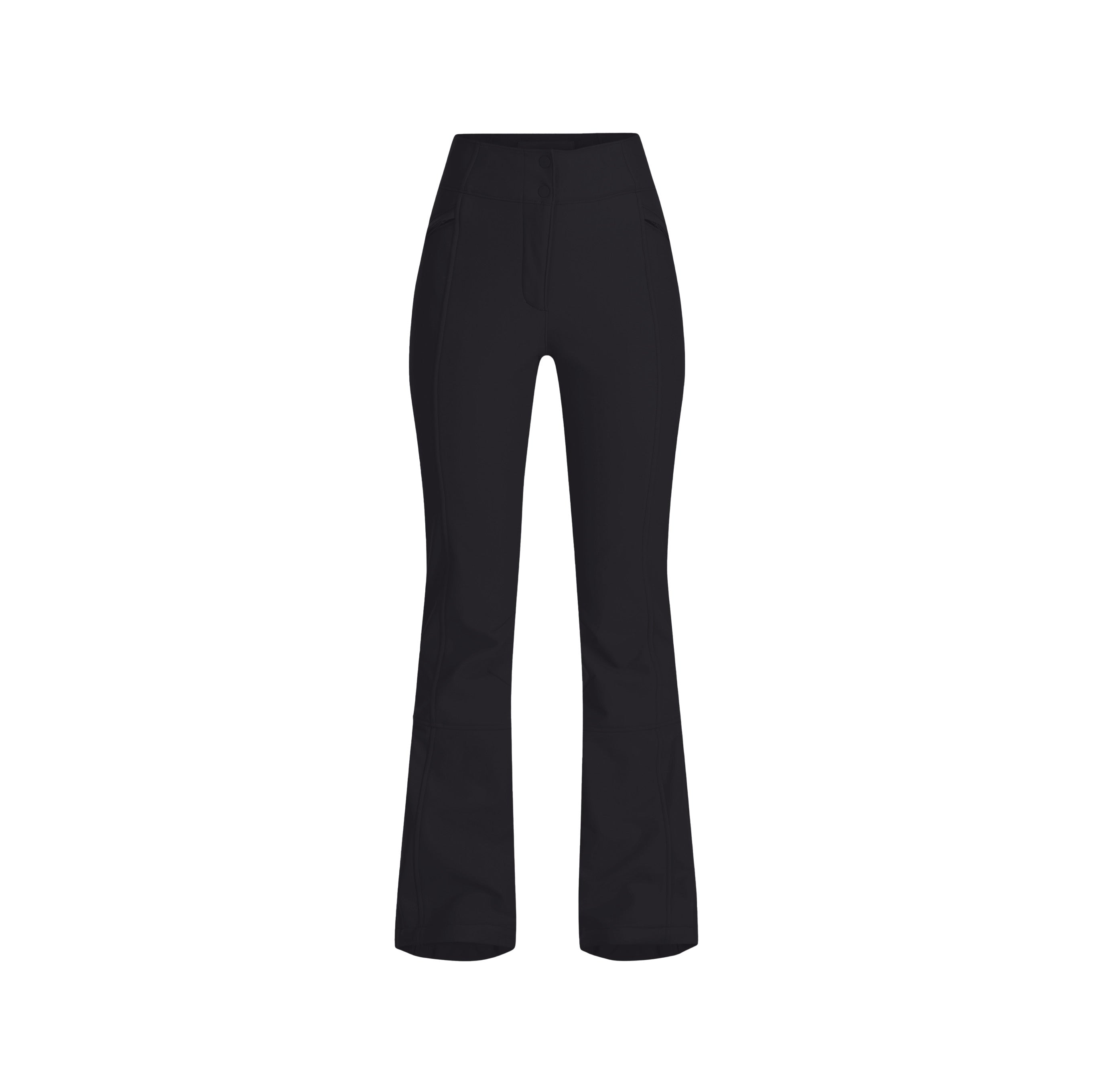 The Emma Pant by Halfdays is a black high-waisted flared pant with a sleek slim-fit design, perfect for any occasion, set against a white background.
