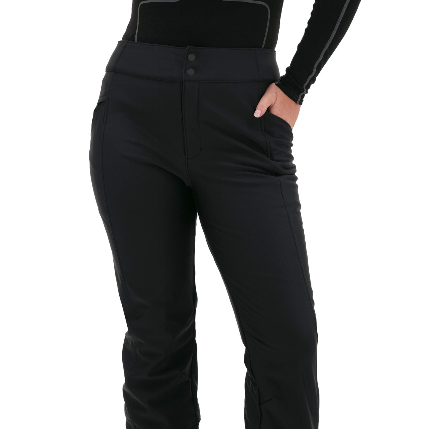 A person wears the Halfdays Emma Pant, a slim-fit black high-waisted style with pockets, paired with a black long-sleeve top.