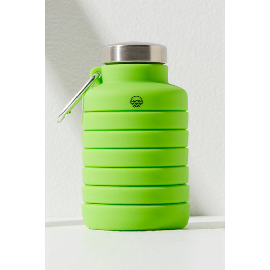 A Free People Movement 24OZ Carabiner Bottle in Lime Glow with a stainless steel cap, standing against a white background.