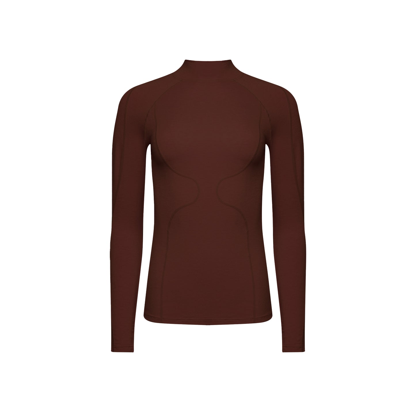 The Fay Merino Top by Halfdays is a long-sleeve, fitted merino wool top in dark brown, featuring a high neck and subtle seam detailing, set against a plain white background.