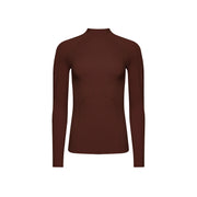 The Fay Merino Top by Halfdays is a long-sleeve, fitted merino wool top in dark brown, featuring a high neck and subtle seam detailing, set against a plain white background.