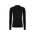 The Fay Merino Top by Halfdays is a black long-sleeve, high-neck thermal crafted from merino wool featuring subtle gray stitching—perfect for your next adventure as a base layer.