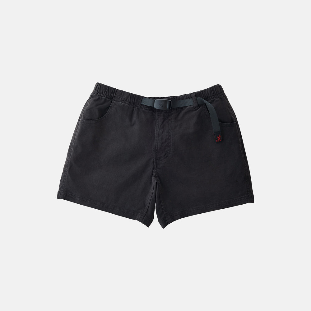 The Gramicci Very Short in black, made from cotton stretch twill, features an integrated belt, elastic waistband, and side pockets—ideal for casual wear.