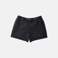 The Gramicci Very Short in black, made from cotton stretch twill, features an integrated belt, elastic waistband, and side pockets—ideal for casual wear.