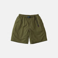 Gramicci Nylon Loose Short in olive green, made from wind-resistant nylon with an elastic waistband, integrated belt, and loose fit, shown laid flat on a white background.