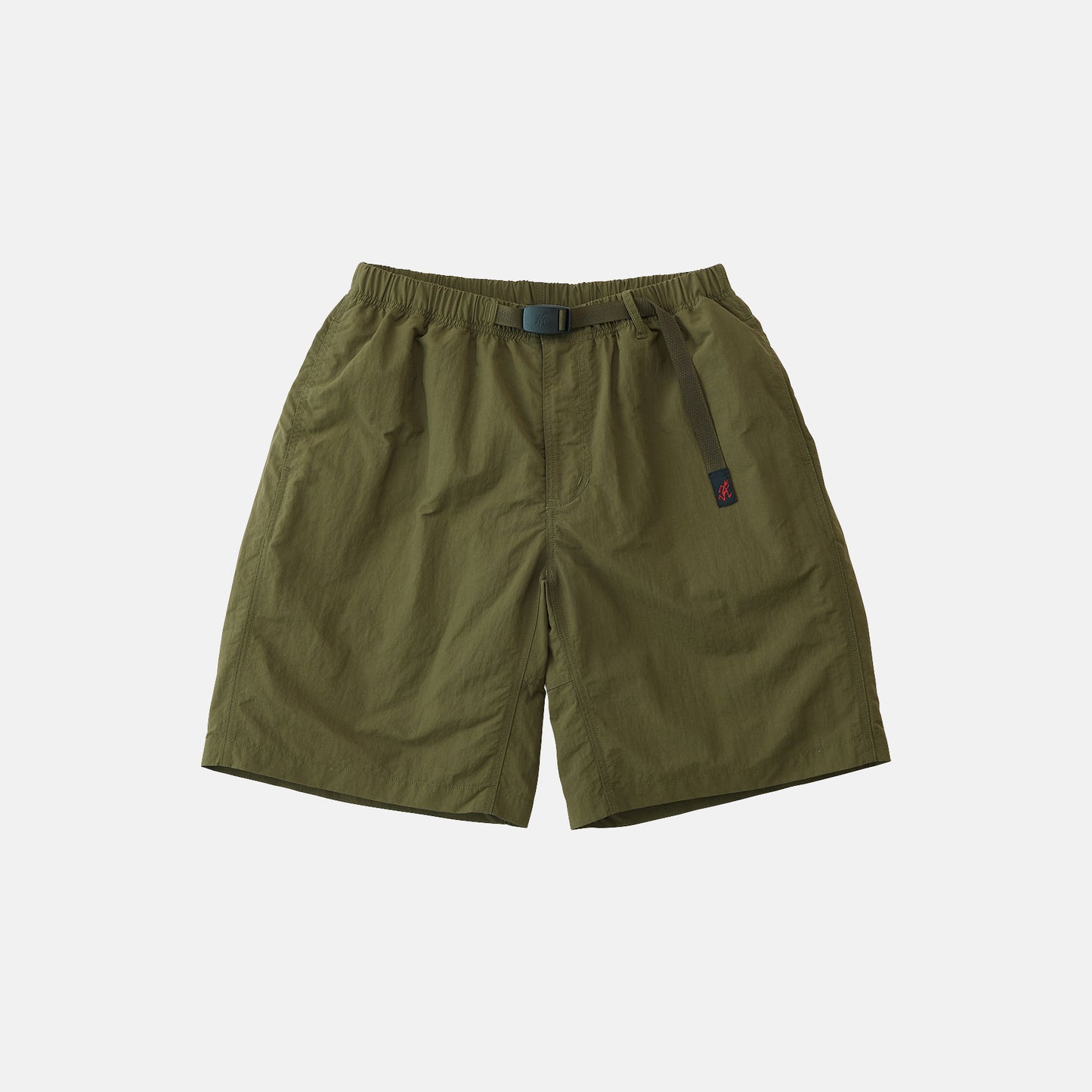 Gramicci Nylon Loose Short in olive green, made from wind-resistant nylon with an elastic waistband, integrated belt, and loose fit, shown laid flat on a white background.