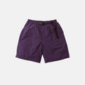 The Gramicci Nylon Loose Short is a pair of purple, water-repellent nylon shorts with an elastic waistband and integrated black adjustable belt, shown on a white background.