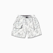 Brushed Nylon Short by Gramicci x And Wander in light gray features a subtle leaf pattern and comes with a built-in belt.