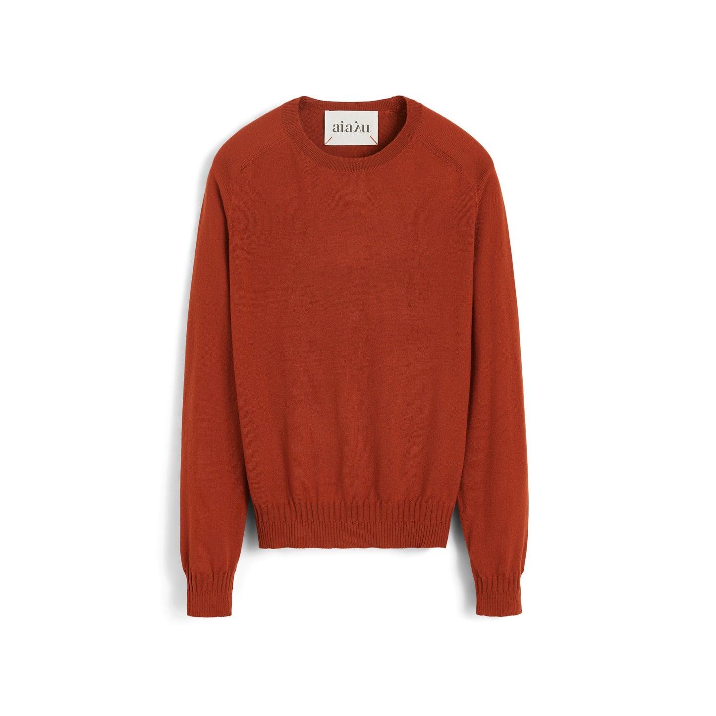 Gina sweater in red-orange, made from 100% wool by Aiayu, features a round neck, long sleeves, and ribbed cuffs and hem.