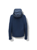 The Hedge Men's Performance Hoodie by Nobis is a navy blue hooded sweater made from merino wool with a textured knit, featuring a darker blue padded hood, shown from the back. This luxurious hoodie design provides both style and comfort.