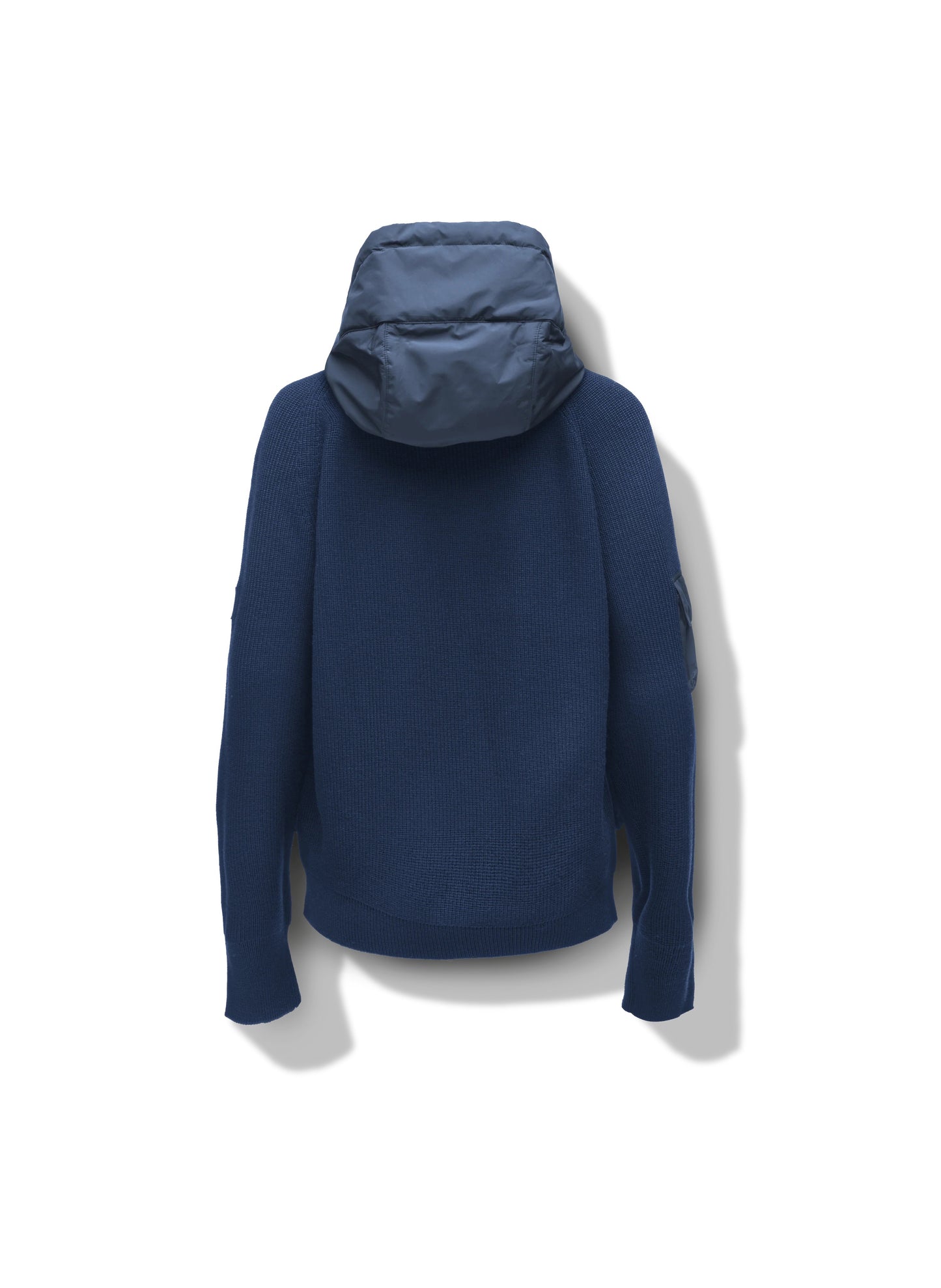 The Hedge Men's Performance Hoodie by Nobis is a navy blue hooded sweater made from merino wool with a textured knit, featuring a darker blue padded hood, shown from the back. This luxurious hoodie design provides both style and comfort.