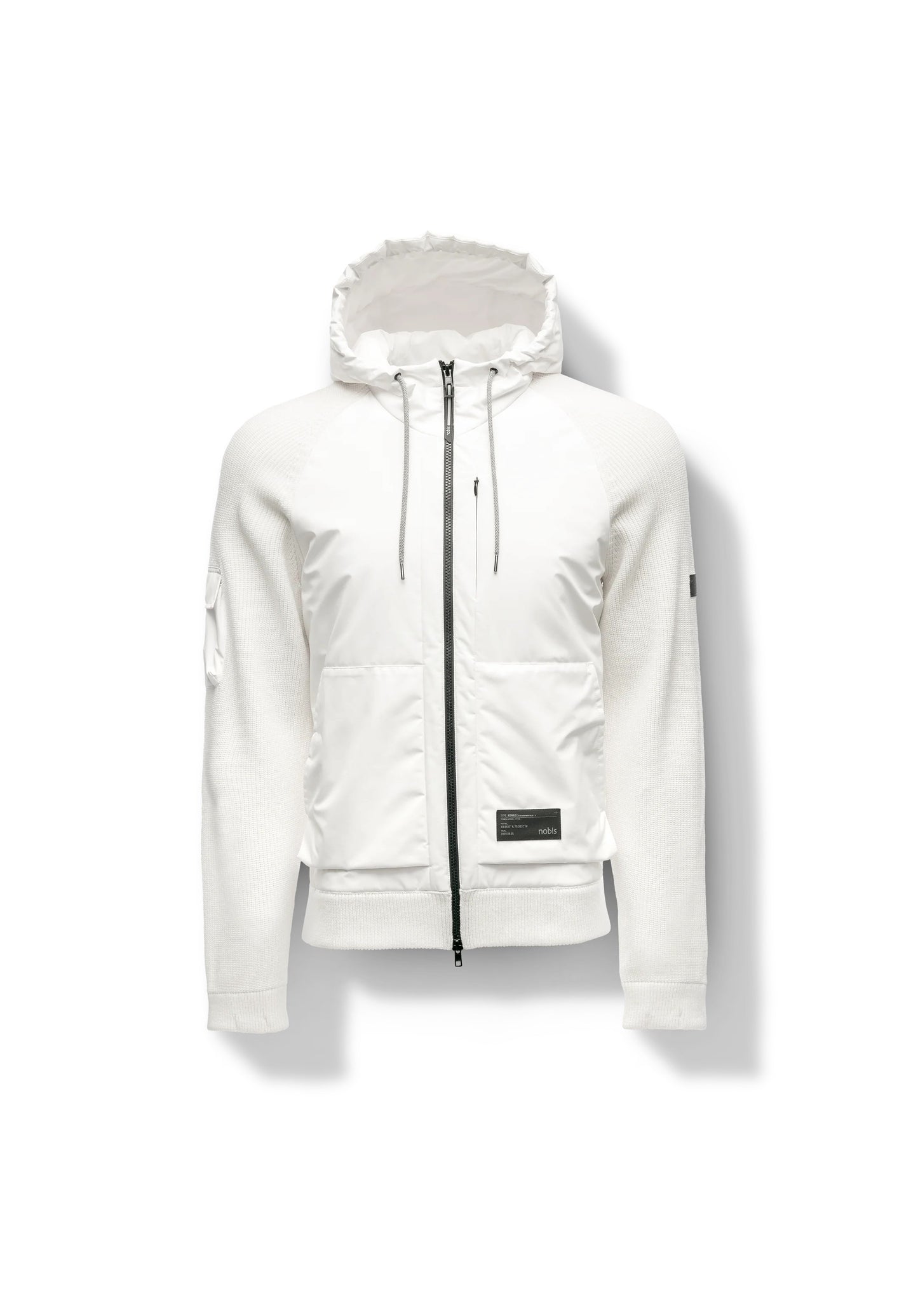 The Hedge Men's Performance Hoodie by Nobis is a white jacket with a full front zipper, crafted from textured fabric for enhanced water resistance. It features front pockets and a small patch on the lower front, along with a convenient pocket on the left sleeve for added utility.