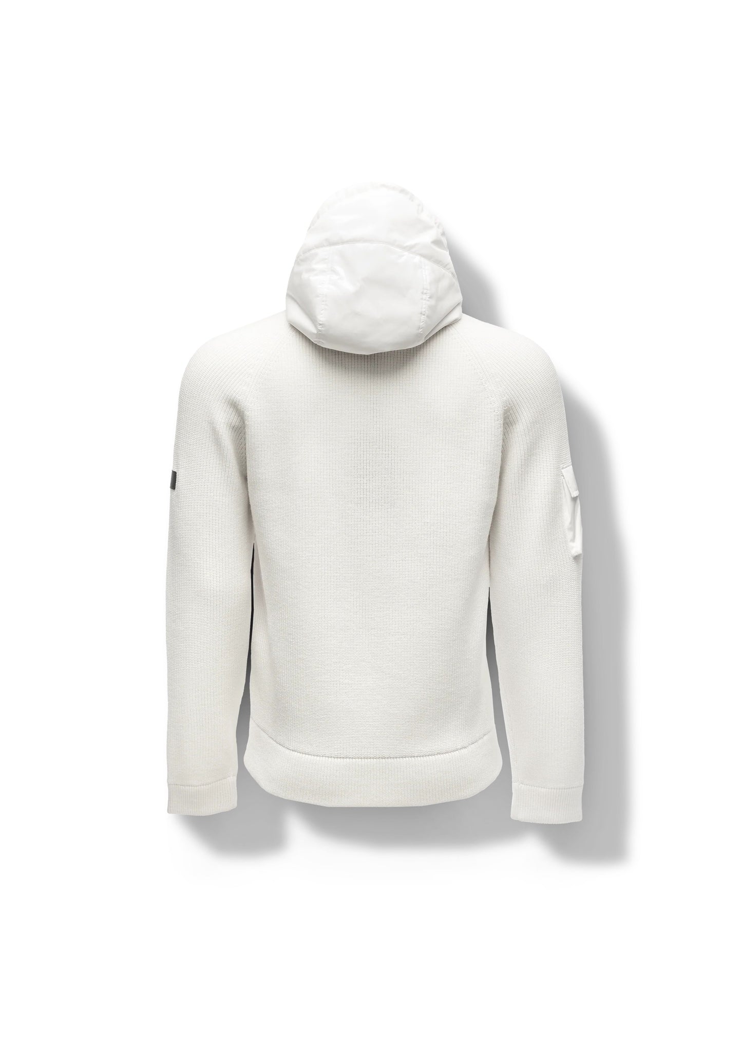 The Hedge Men's Performance Hoodie by Nobis is displayed from the back, showcasing its white color and textured design. This luxurious hoodie features long sleeves, a patch on the left arm, and offers enhanced functionality with water resistance.