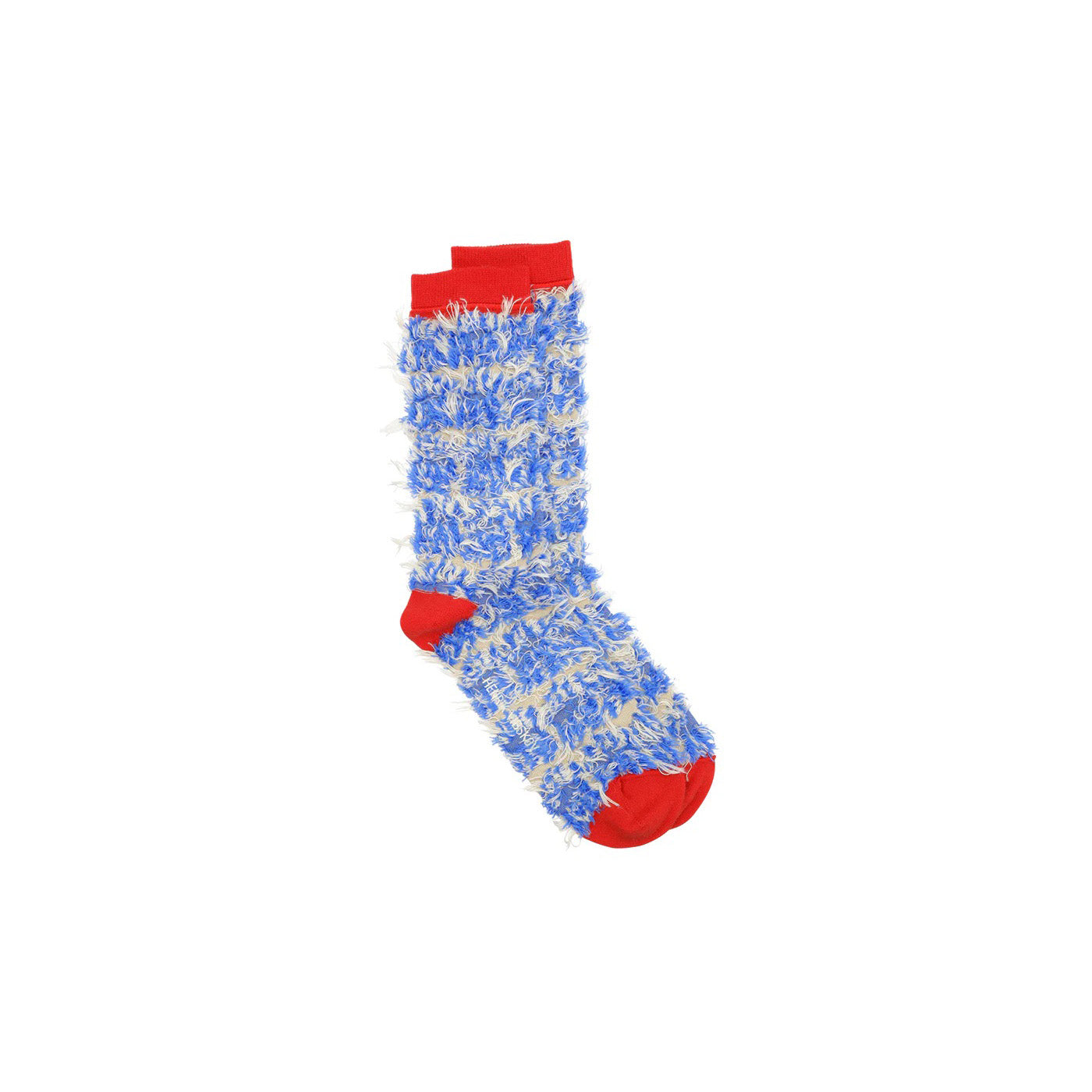 A single Hairy Handsome Chair Socks Femme by Henrik Vibskov, featuring a blue and white abstract textured pattern with red toe, heel, and cuff, is displayed on a white background.