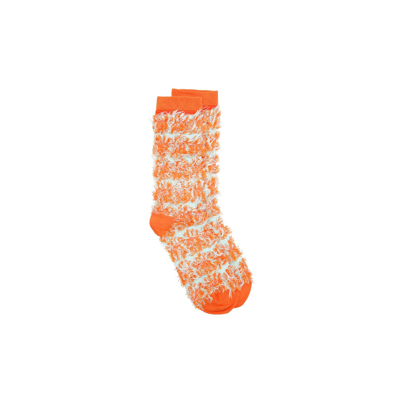 The Hairy Handsome Chair Socks Femme by Henrik Vibskov is a single orange sock with a fuzzy white and orange abstract pattern, shown against a plain white background.