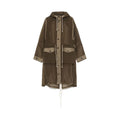 Henrik Vibskov's Uncut Parka in brown checkered design showcases a hood, front buttons, drawstrings, large front pockets, and adjustable cuffs on a white background.