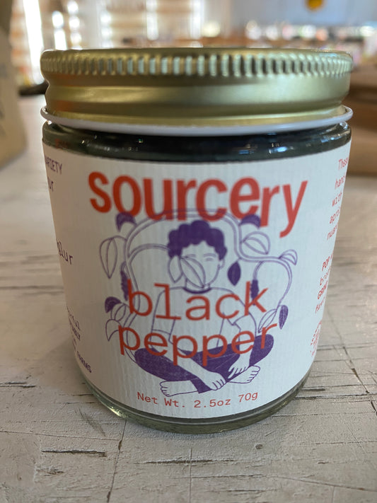 A 2.5 oz (70g) jar from Westerlind, labeled "Sourcery Black Pepper," features decorative artwork.
