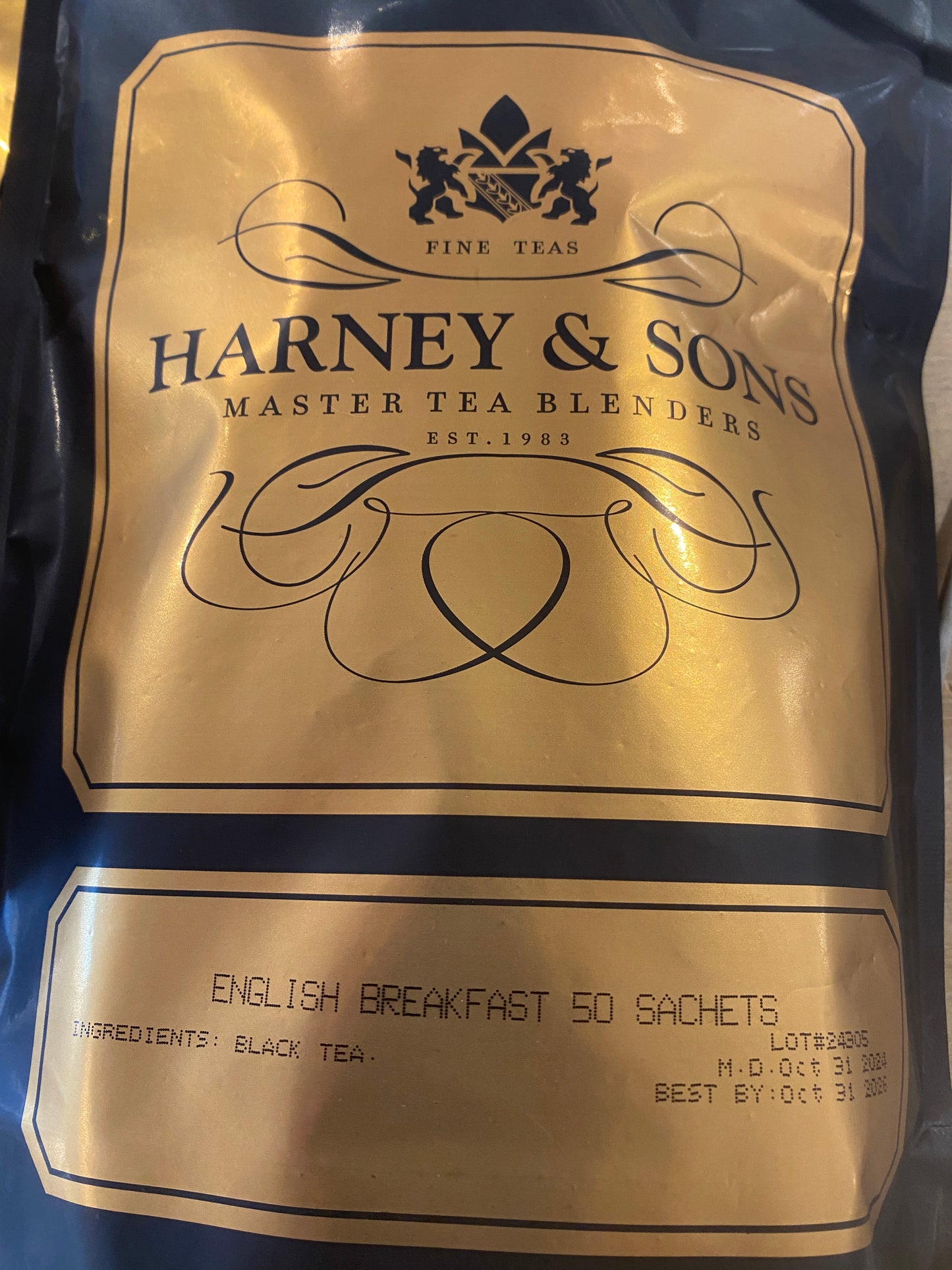 Gold foil package of Westerlind's English Breakfast Tea, 50 bags per box, made from black tea. Best by October 31, 2025.