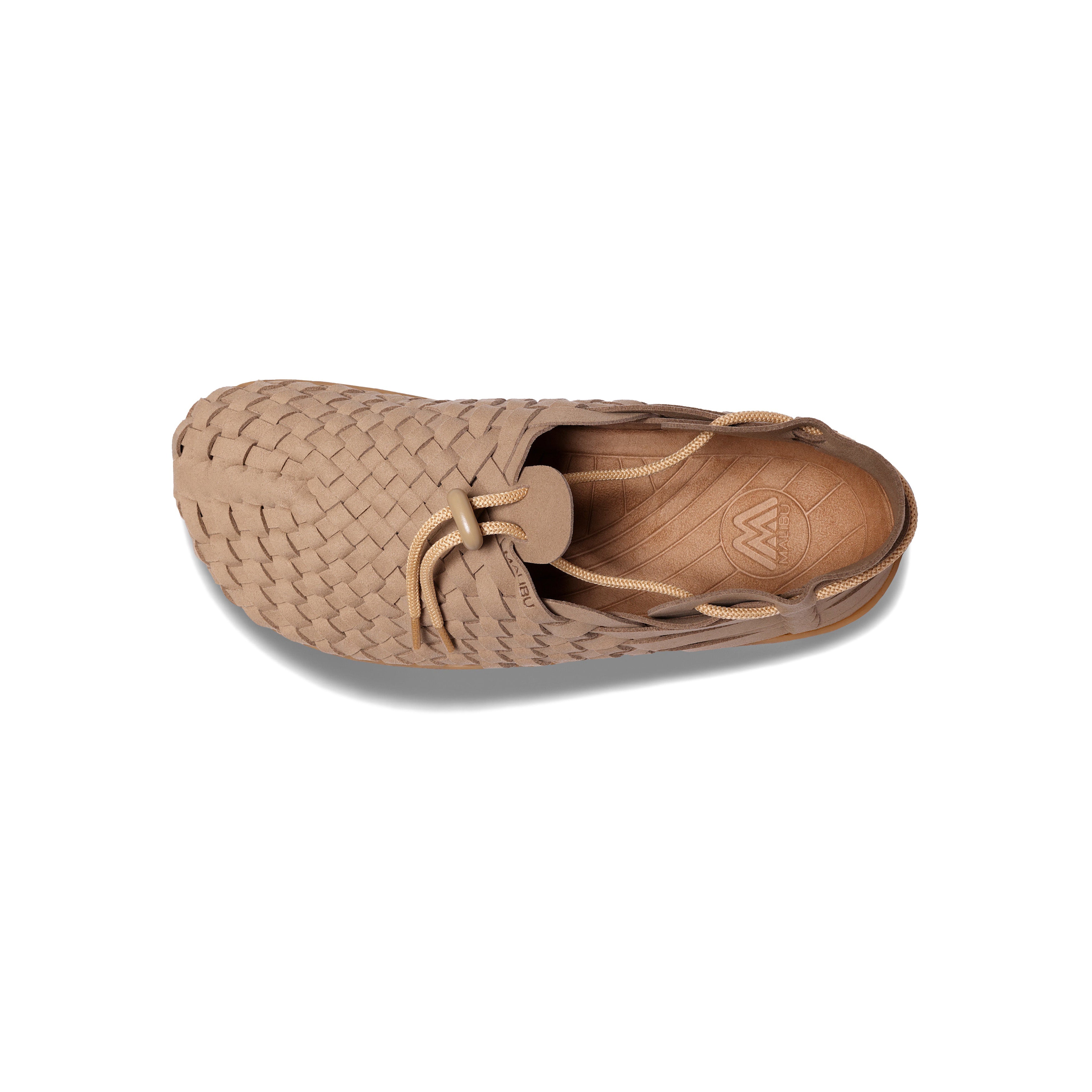 Top view of the Malibu Sandals W Latigo, a tan woven slip-on shoe with laces, rounded toe, and visible logo on the insole.