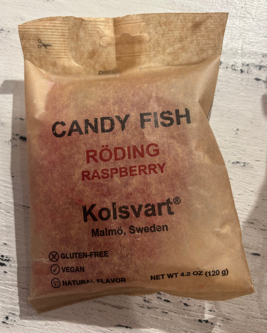 A package of Candy Fish Röding Raspberry - Kolsvart, labeled gluten-free, vegan, and natural, weighing 4.2 ounces, from Malmo, Sweden by Westerlind.