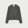 The Inga Sweater from Aiayu, featuring a smooth-knitted design in gray wool with long sleeves, a crew neck, and classic ribbed cuffs, is showcased against a light background.