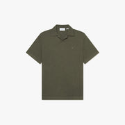Les Deux Knit Polo in olive green, featuring short sleeves, a collar, and subtle embroidered Encore logo on the left chest, shown against a plain white background.