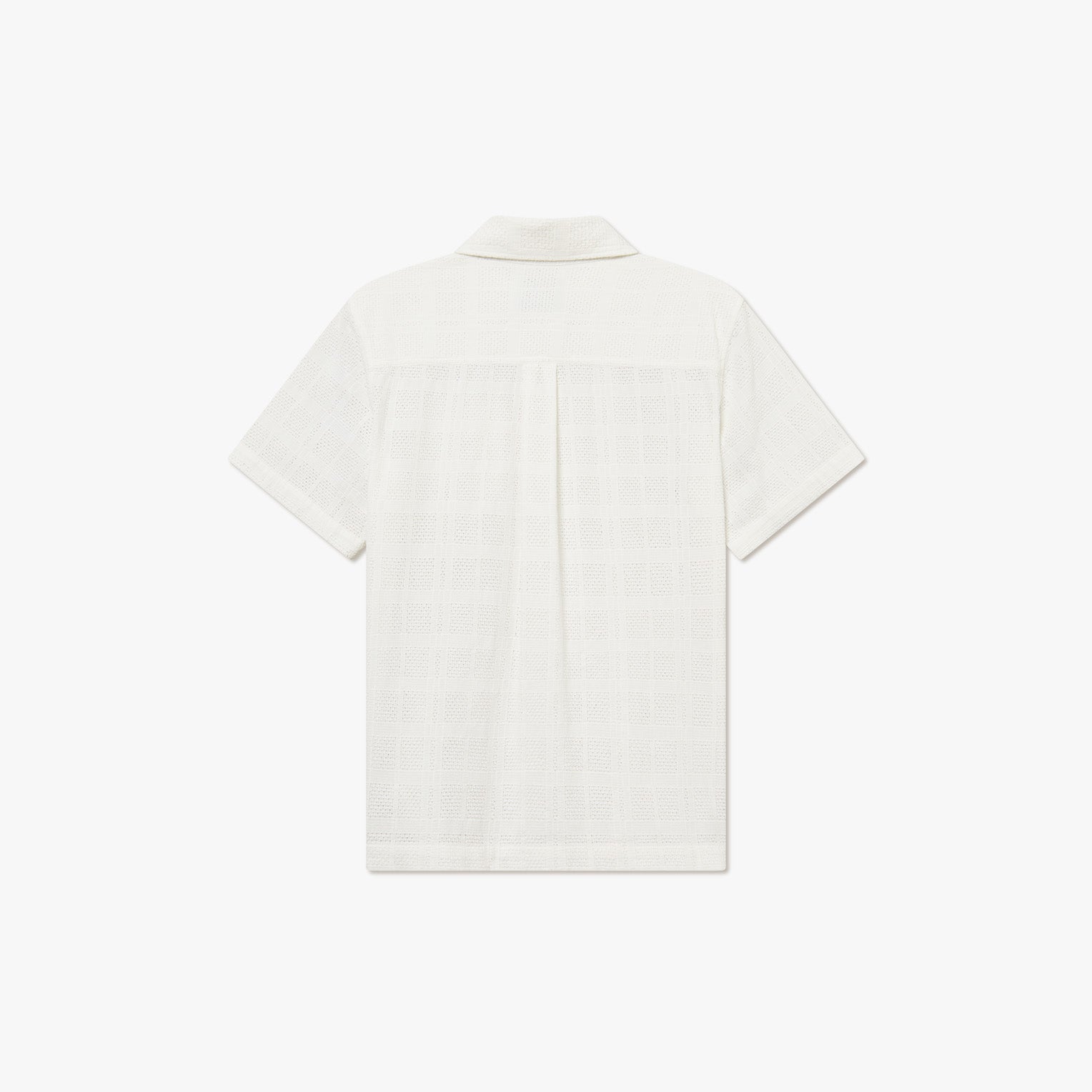 Back view of the Les Deux Charlie SS Shirt, featuring a vintage style with short sleeves, a white collar, and a subtle textured pattern, shown against a plain white background.